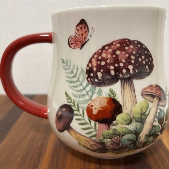 Chelsea Bistro 16oz Mug Mushrooms & Butterflies Red Handle Nature Cottagecore - Picture 4 of 11